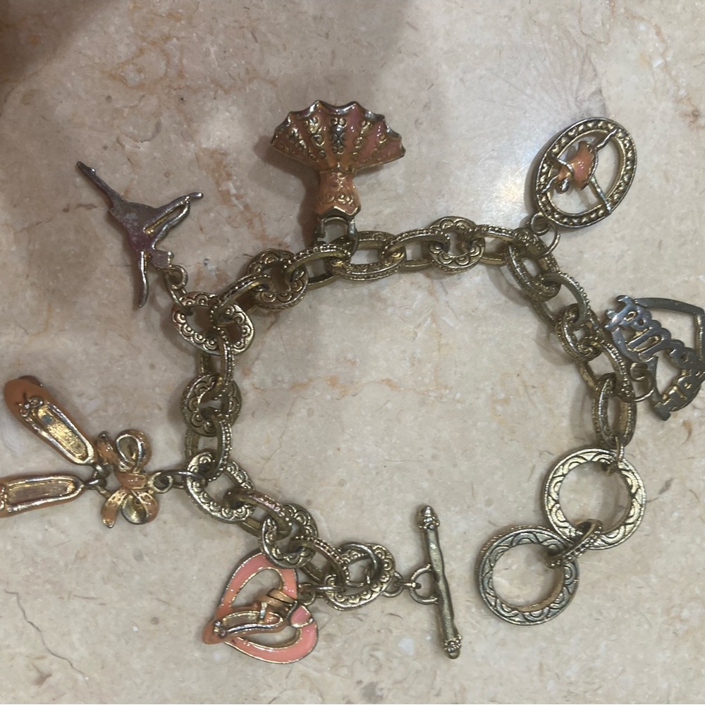 Vintage Ballet Charm Bracelet, Gold Tone & Pink